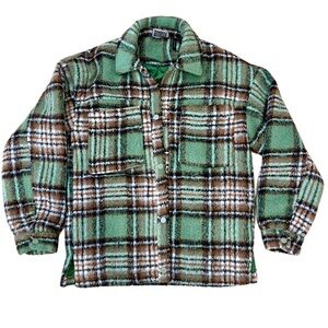 "Reclaimed Vintage" Plaid Green, Brown, White Cozy Fuzzy Jacket - Size  2